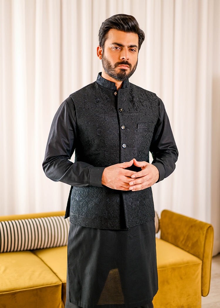 Black Embroidered Raw Silk Waistcoat Kurta (3-Piece) - Image 2
