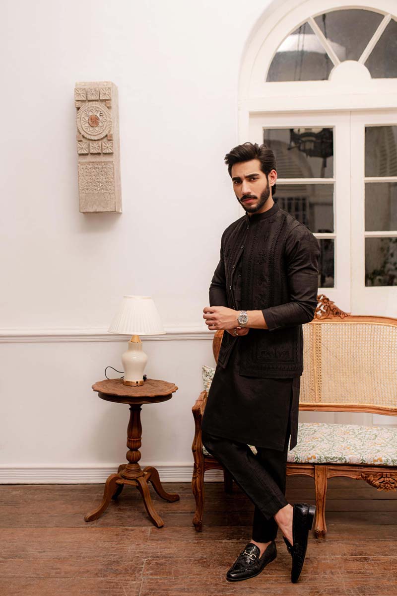 Black Embroidered Raw Silk Waistcoat (3-Piece) - Image 4