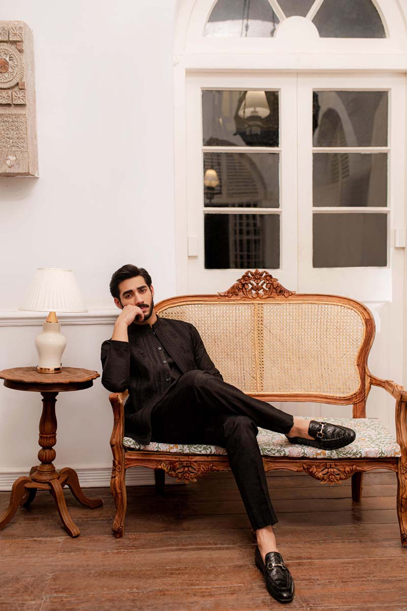 Black Embroidered Raw Silk Waistcoat (3-Piece) - Image 6