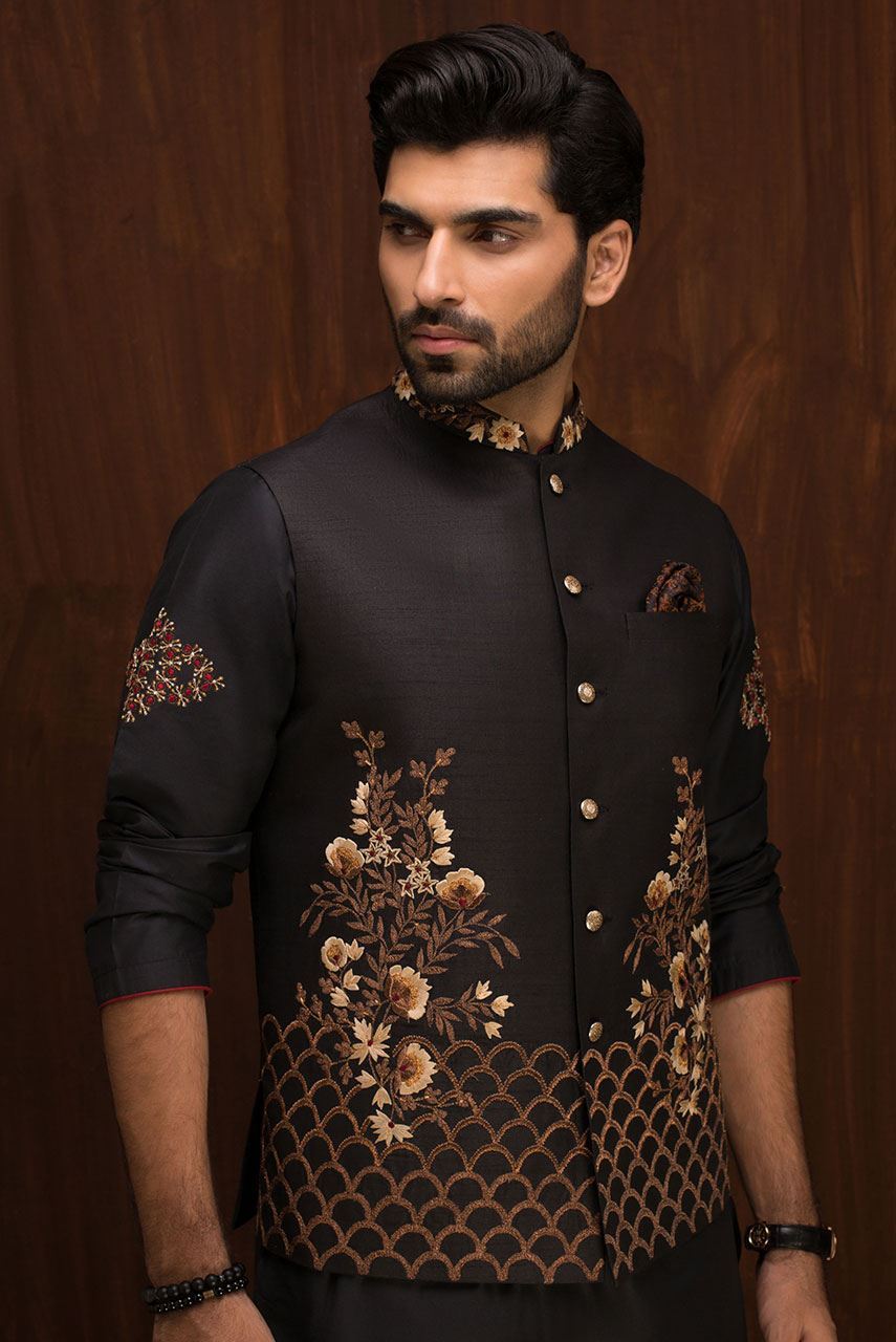 Black Embroidered Raw Silk Waistcoat Kurta (2-Piece) - Image 1