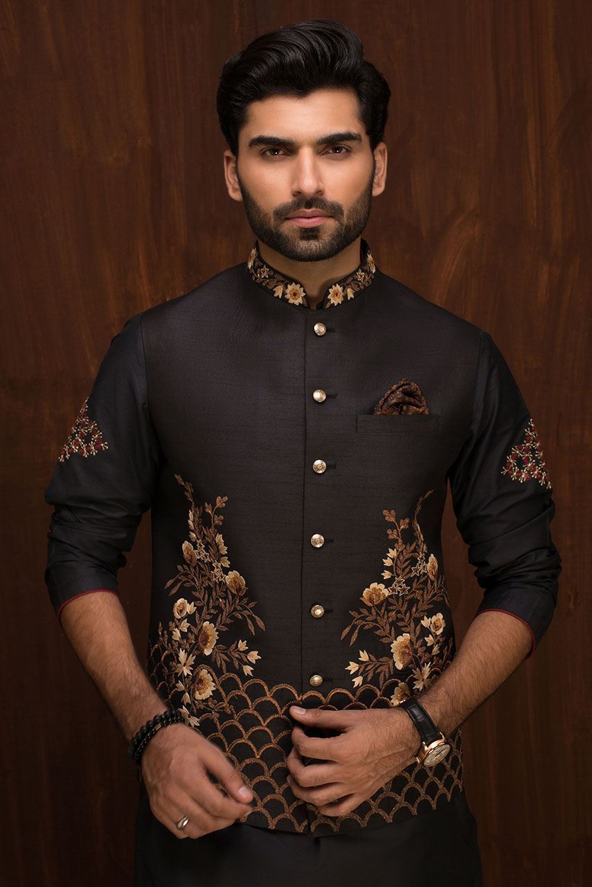 Black Embroidered Raw Silk Waistcoat Kurta (2-Piece) - Image 2