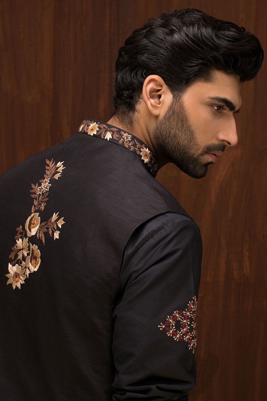 Black Embroidered Raw Silk Waistcoat Kurta (2-Piece) - Image 3