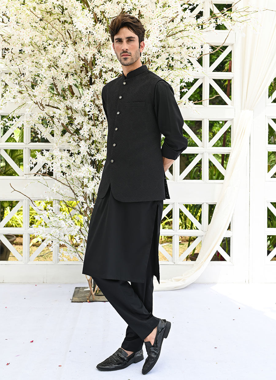 Black Embroidered Raw Silk Waistcoat (3-Piece) - Image 1