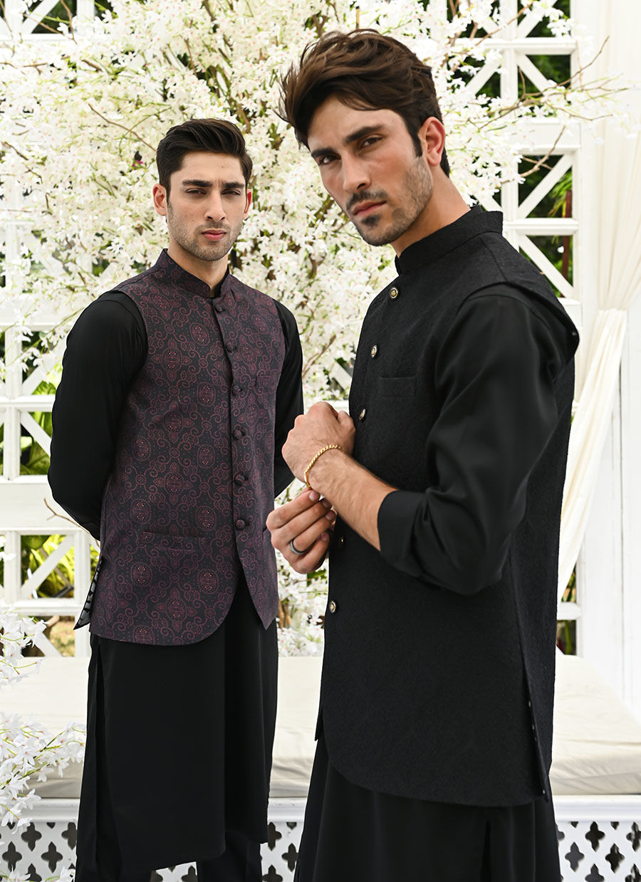 Black Embroidered Raw Silk Waistcoat (3-Piece) - Image 3