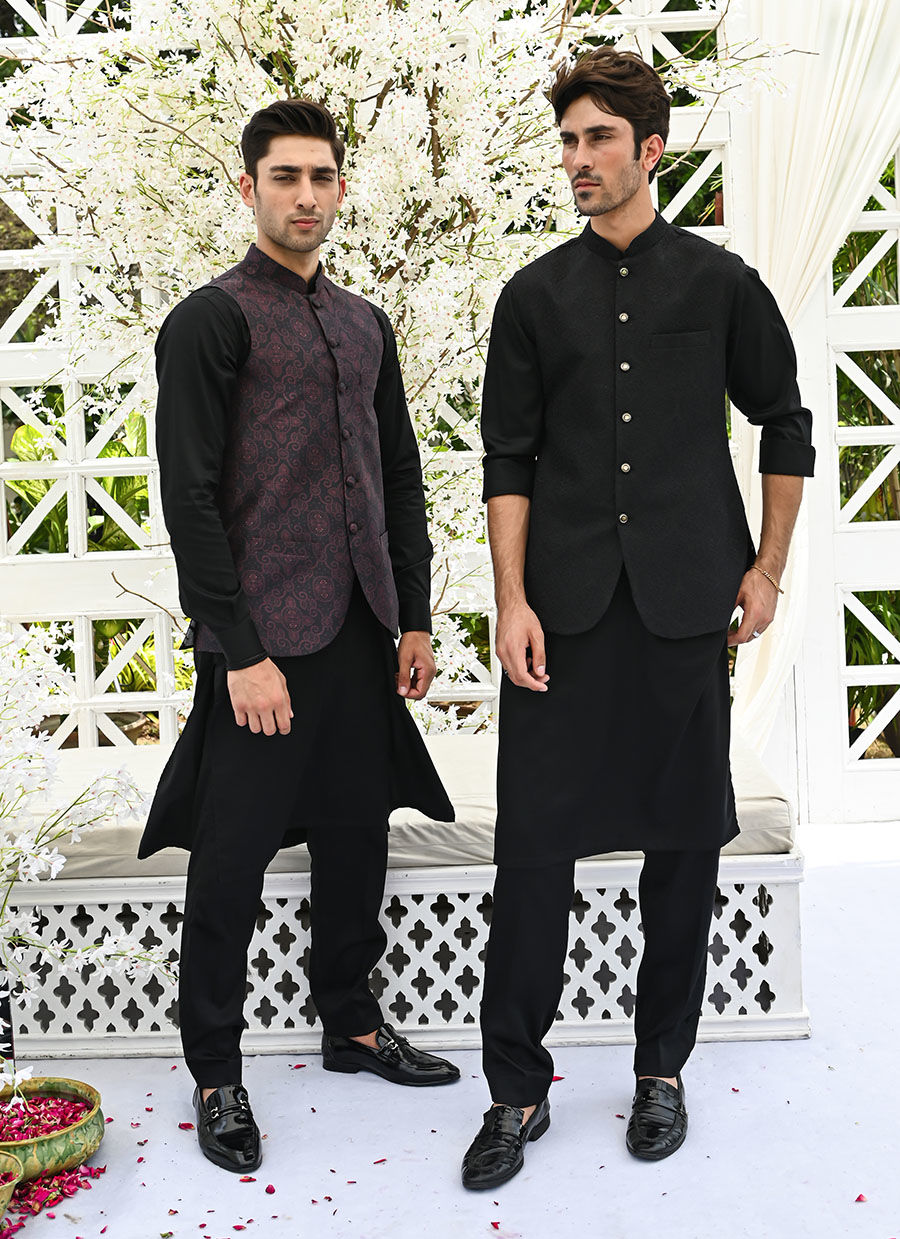 Black Embroidered Raw Silk Waistcoat (3-Piece) - Image 4