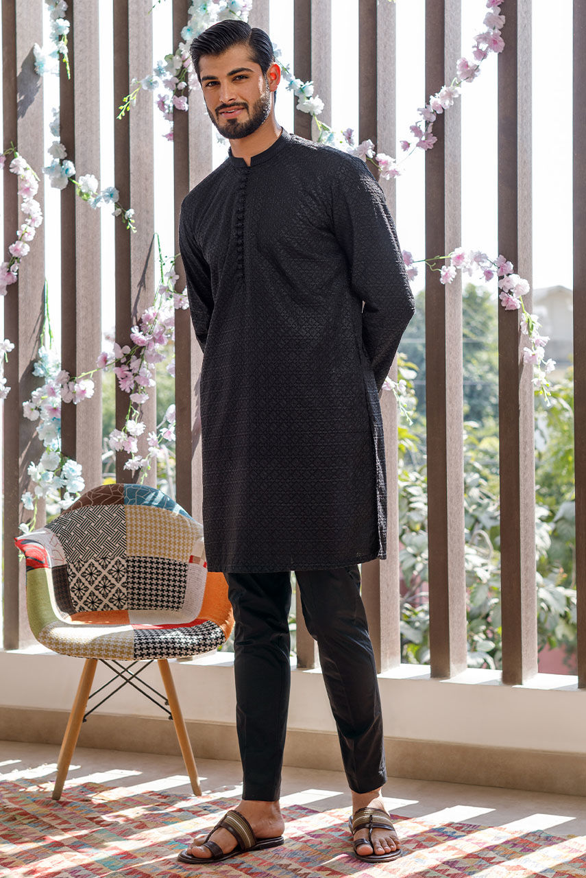 Black Embroidered Raw Silk Waistcoat Kurta (3-Piece) - Image 10