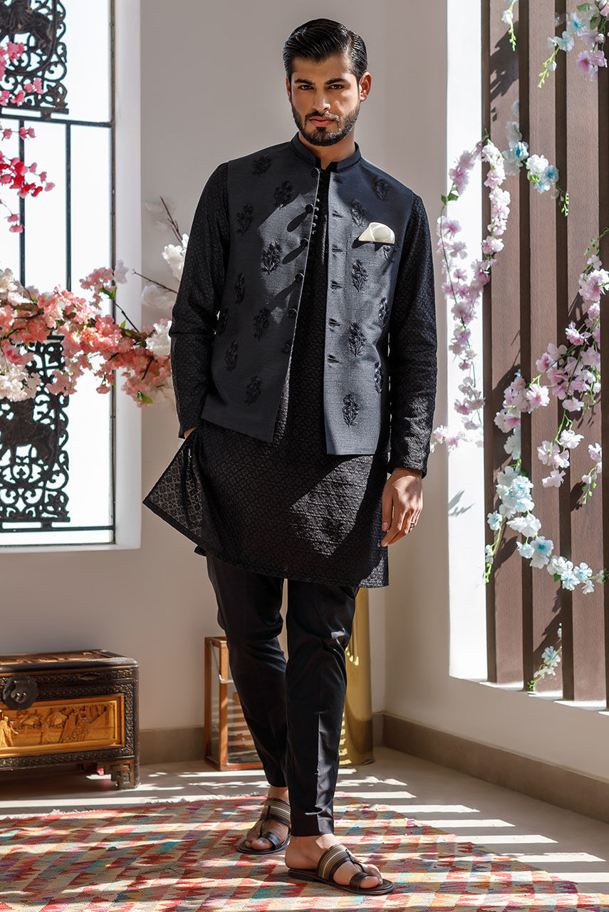 Black Embroidered Raw Silk Waistcoat Kurta (3-Piece) - Image 6