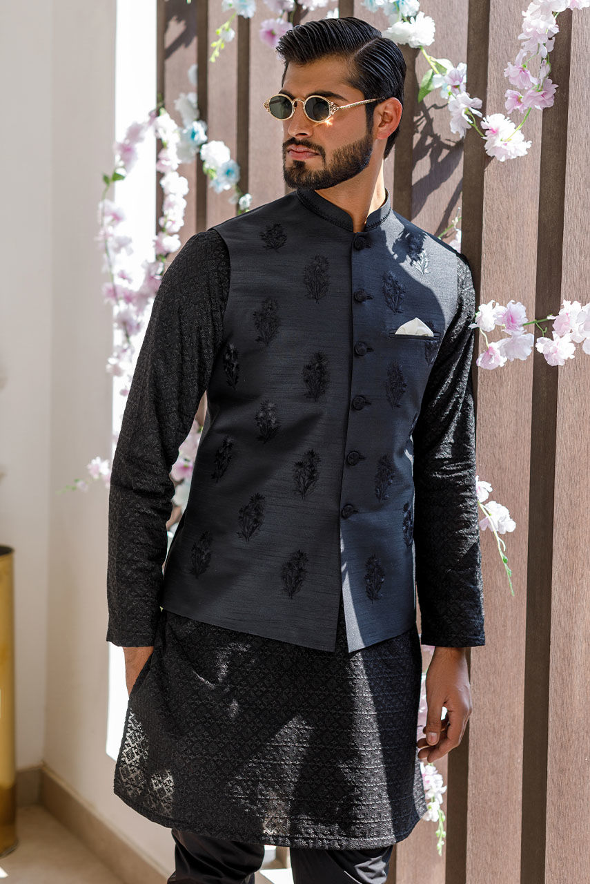 Black Embroidered Raw Silk Waistcoat Kurta (3-Piece) - Image 7