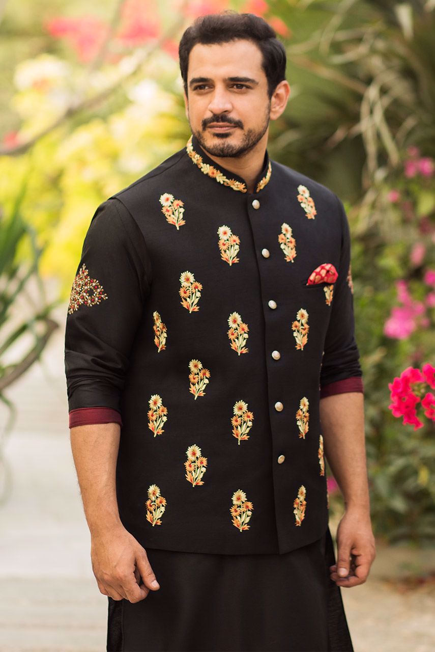 Black Embroidered Raw Silk Waistcoat (3-Piece) - Image 2