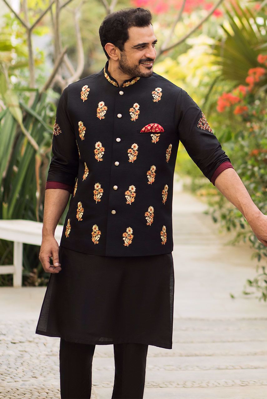 Black Embroidered Raw Silk Waistcoat (3-Piece) - Image 3