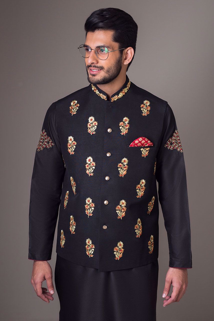 Black Embroidered Raw Silk Waistcoat (3-Piece) - Image 4