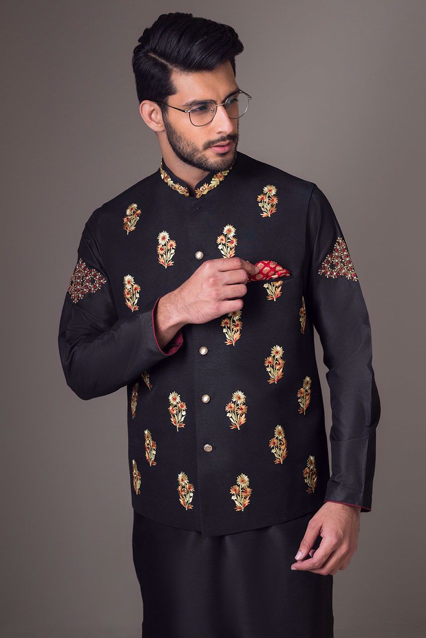 Black Embroidered Raw Silk Waistcoat (3-Piece) - Image 5