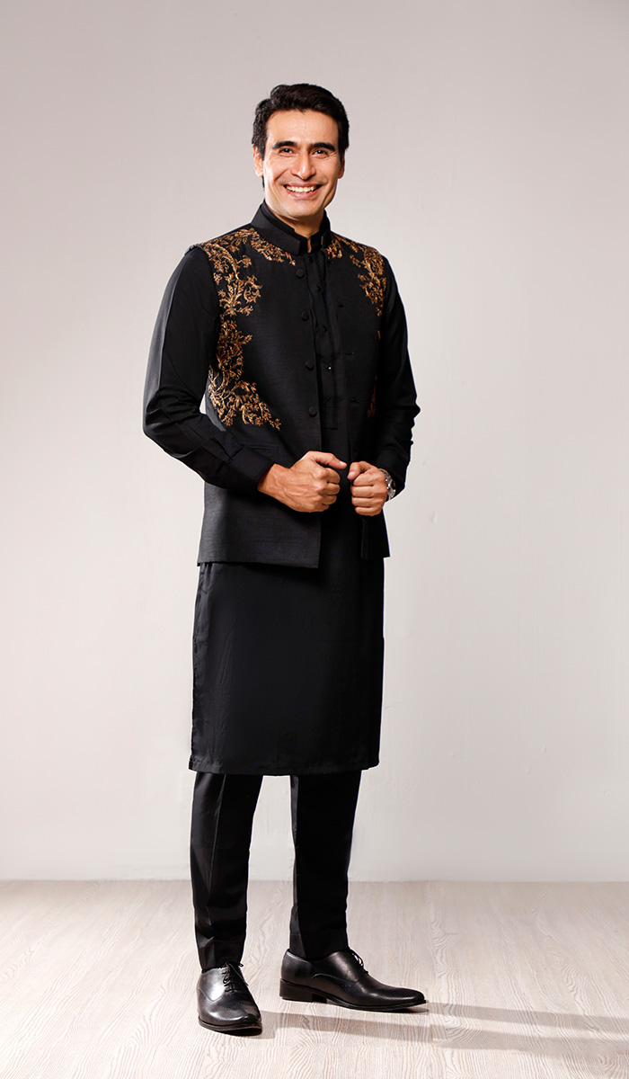 Deep Black Hand Embroidered Raw Silk Waistcoat (3-Piece) - Image 2