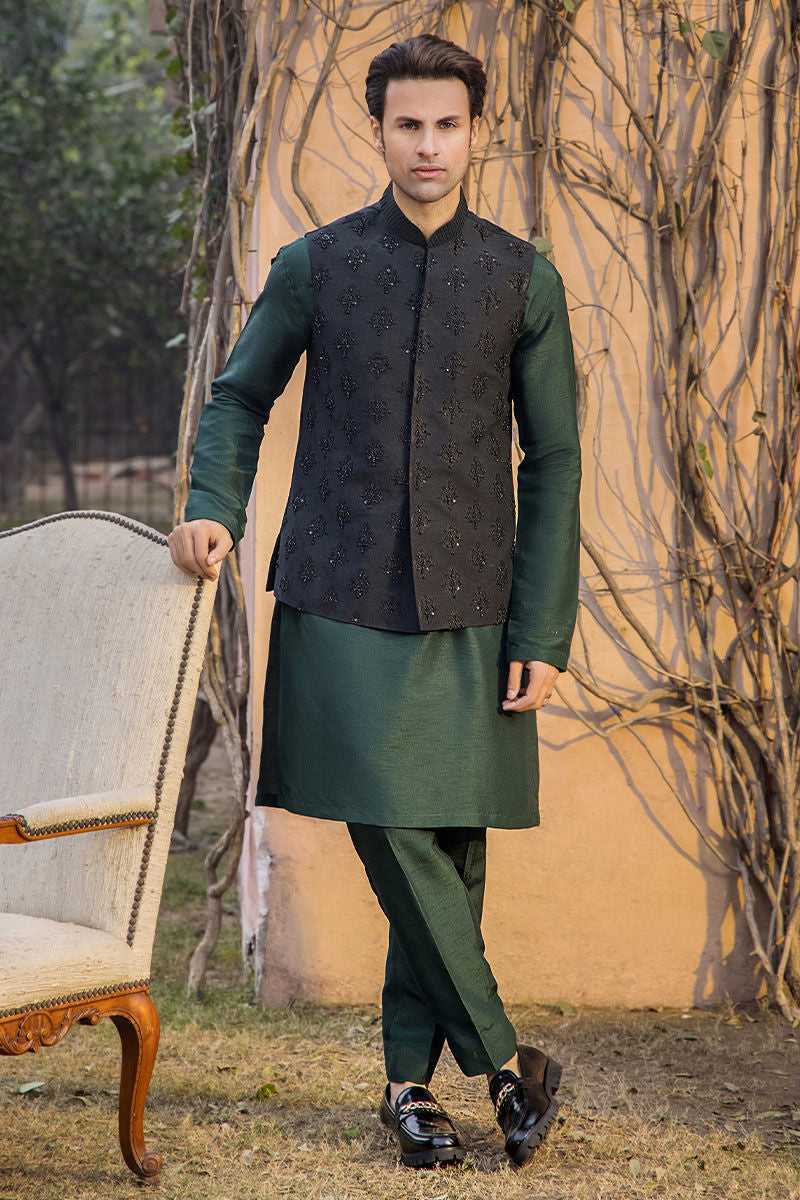 Black Hand-Embroidered Raw Silk Waistcoat (3-Piece) - Image 1