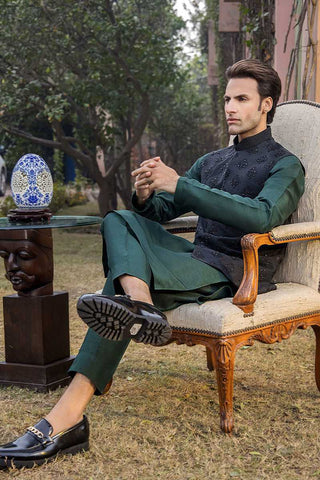 Black Hand-Embroidered Raw Silk Waistcoat (3-Piece) - Image 3