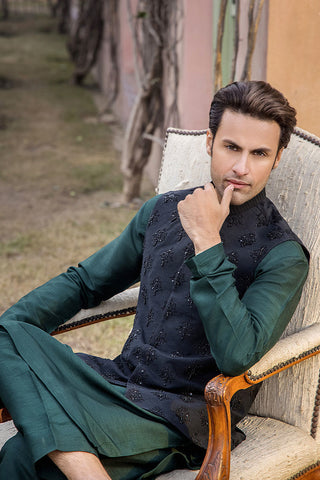 Black Hand-Embroidered Raw Silk Waistcoat (3-Piece) - Image 5