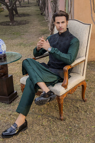 Black Hand-Embroidered Raw Silk Waistcoat (3-Piece) - Image 6