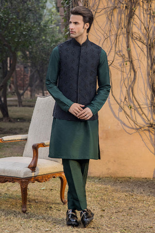 Black Hand-Embroidered Raw Silk Waistcoat (3-Piece) - Image 9