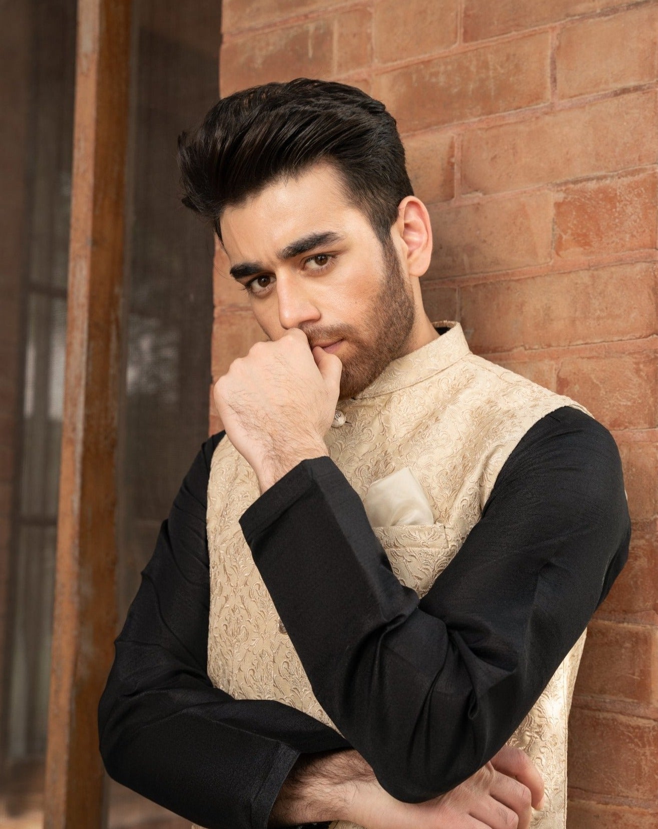 Black Raw Silk Kurta Trouser with Ivory Embroidered Waistcoat (3-Piece) - Image 1