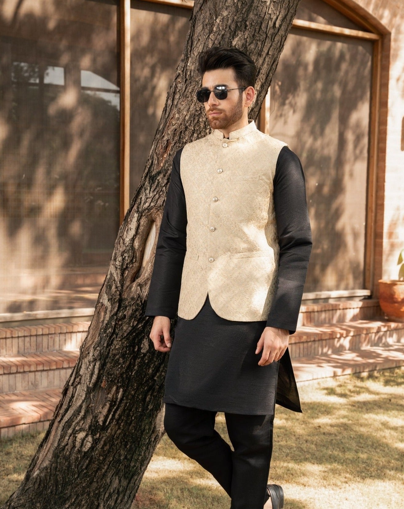 Black Raw Silk Kurta Trouser with Ivory Embroidered Waistcoat (3-Piece) - Image 3