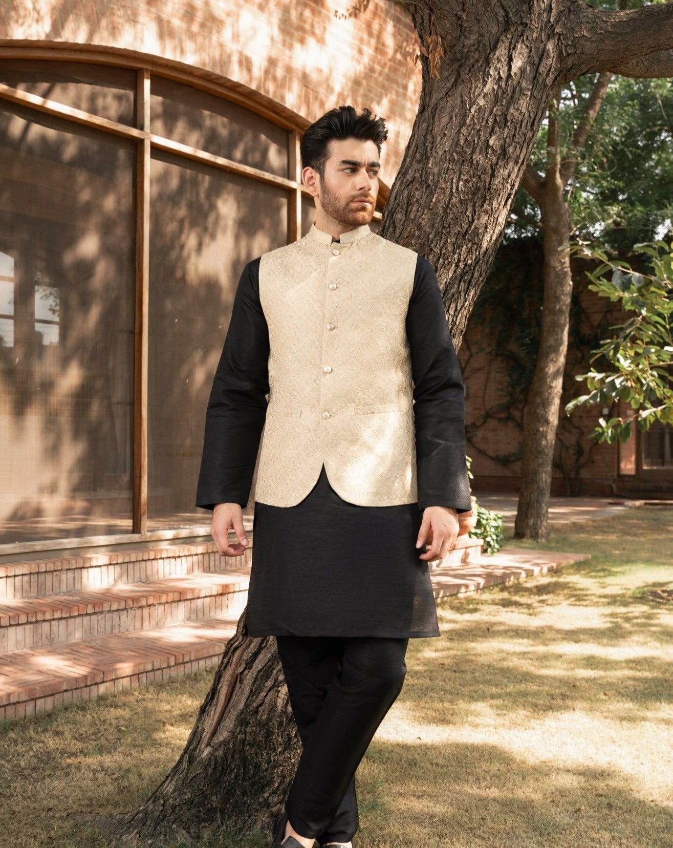 Black Raw Silk Kurta Trouser with Ivory Embroidered Waistcoat (3-Piece) - Image 6