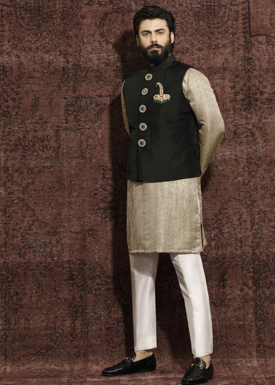 Black Embroidered Korean Raw Silk Waistcoat Kurta (3-Piece) - Image 1