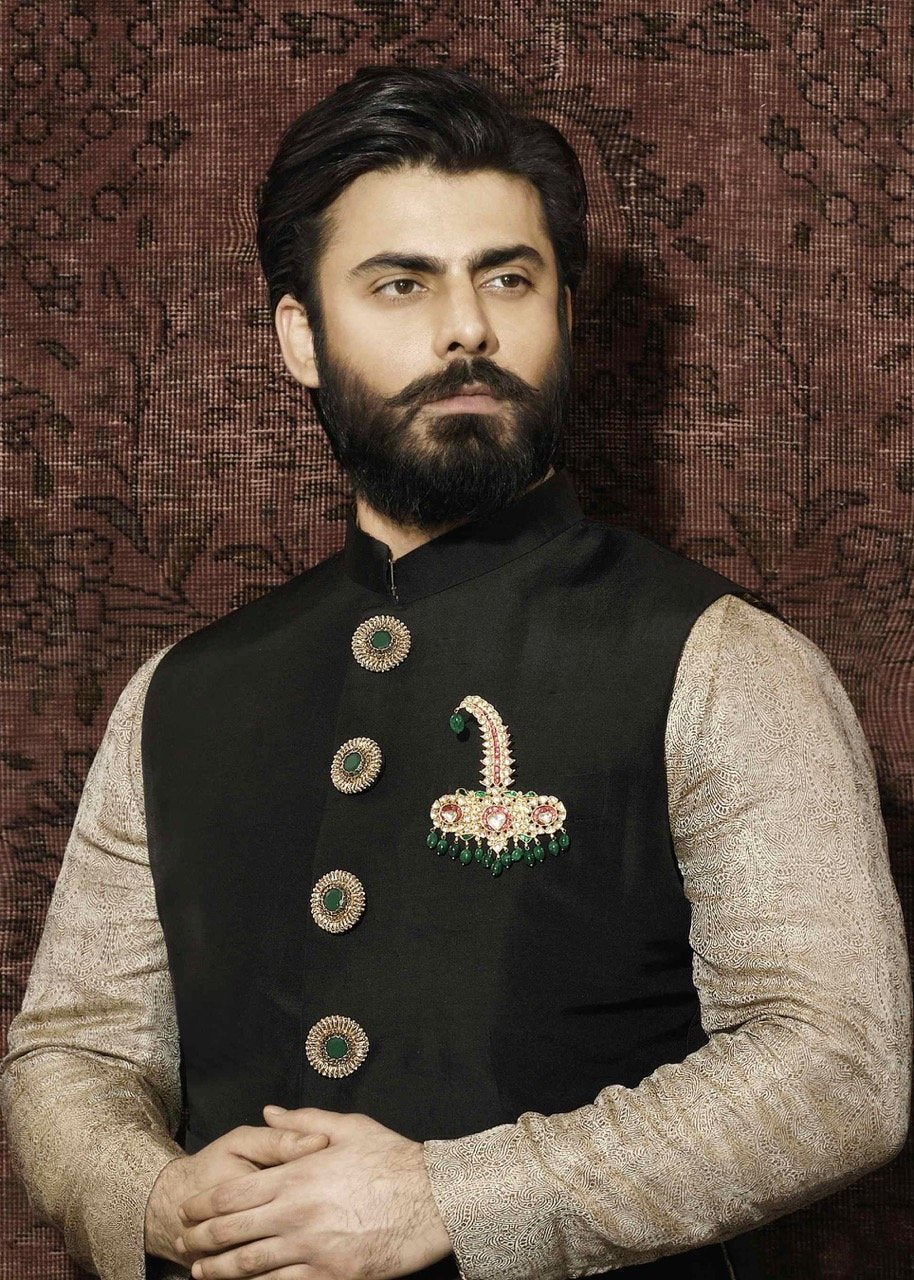 Black Embroidered Korean Raw Silk Waistcoat Kurta (3-Piece) - Image 2