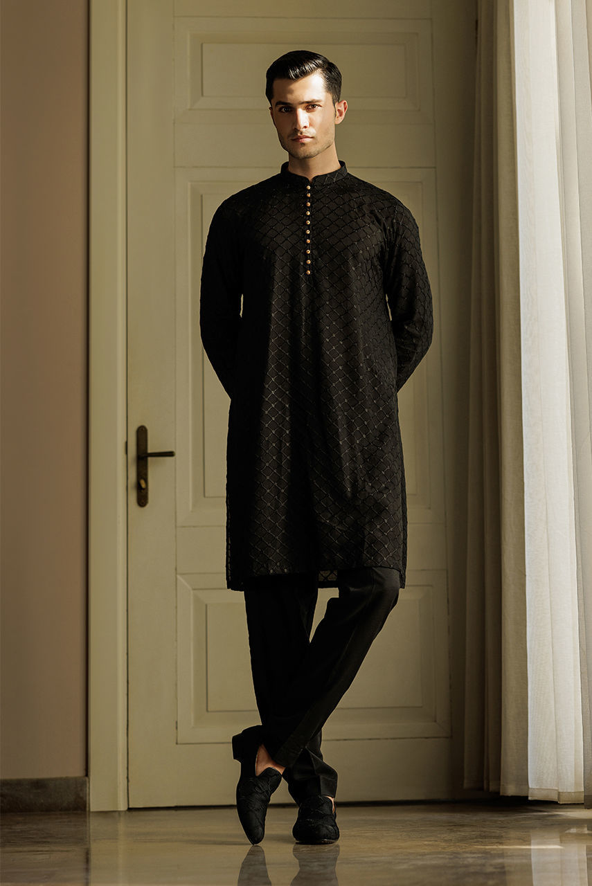 Black Embroidered Raw Silk Kurta with Pajama (3-Piece) - Image 1