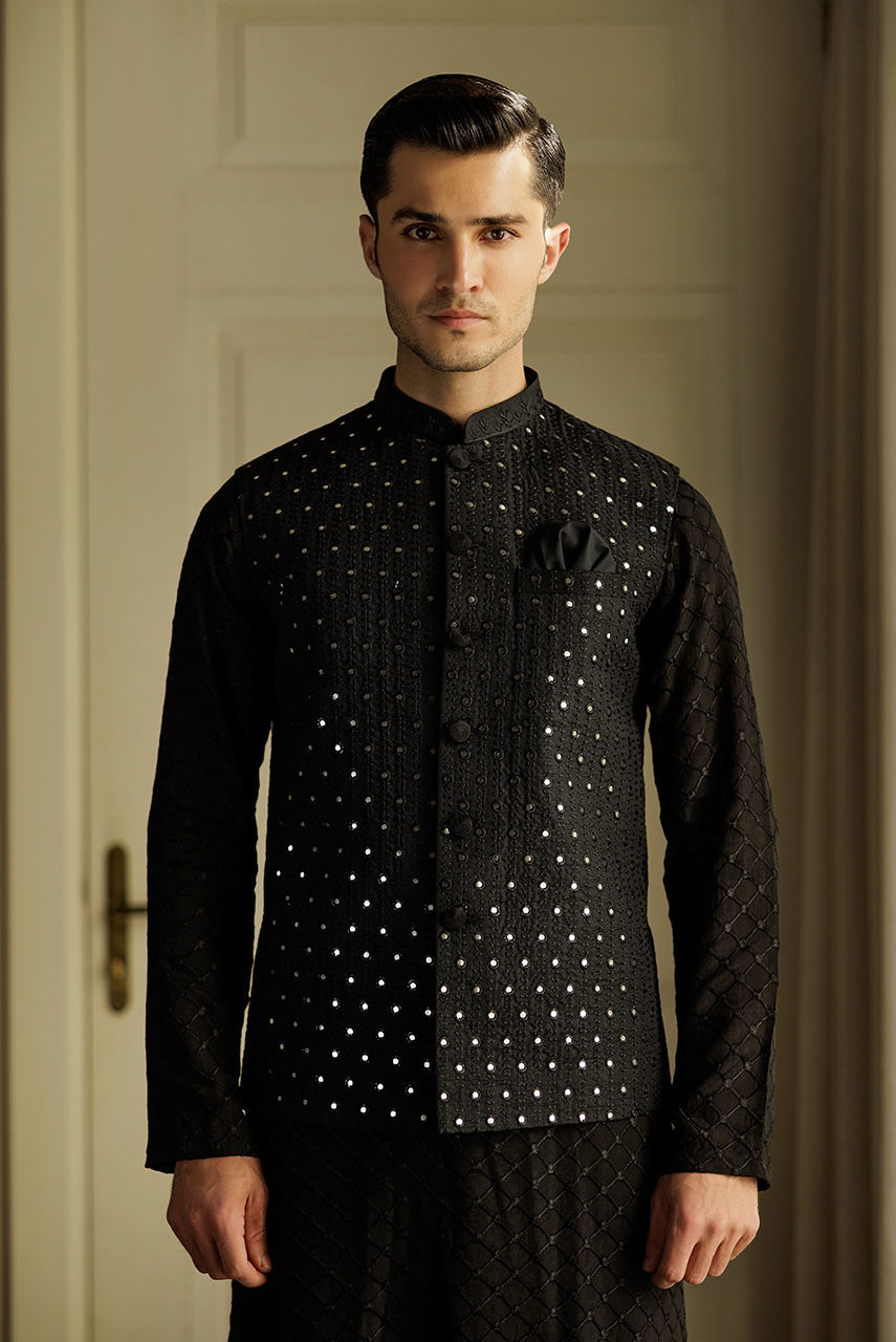 Black Embroidered Raw Silk Kurta with Pajama (3-Piece) - Image 2