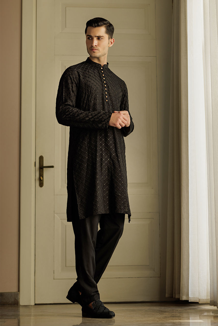 Black Embroidered Raw Silk Kurta with Pajama (3-Piece) - Image 3