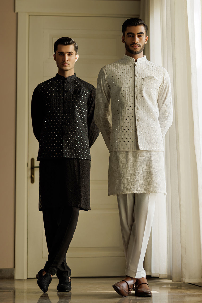 Black Embroidered Raw Silk Kurta with Pajama (3-Piece) - Image 6