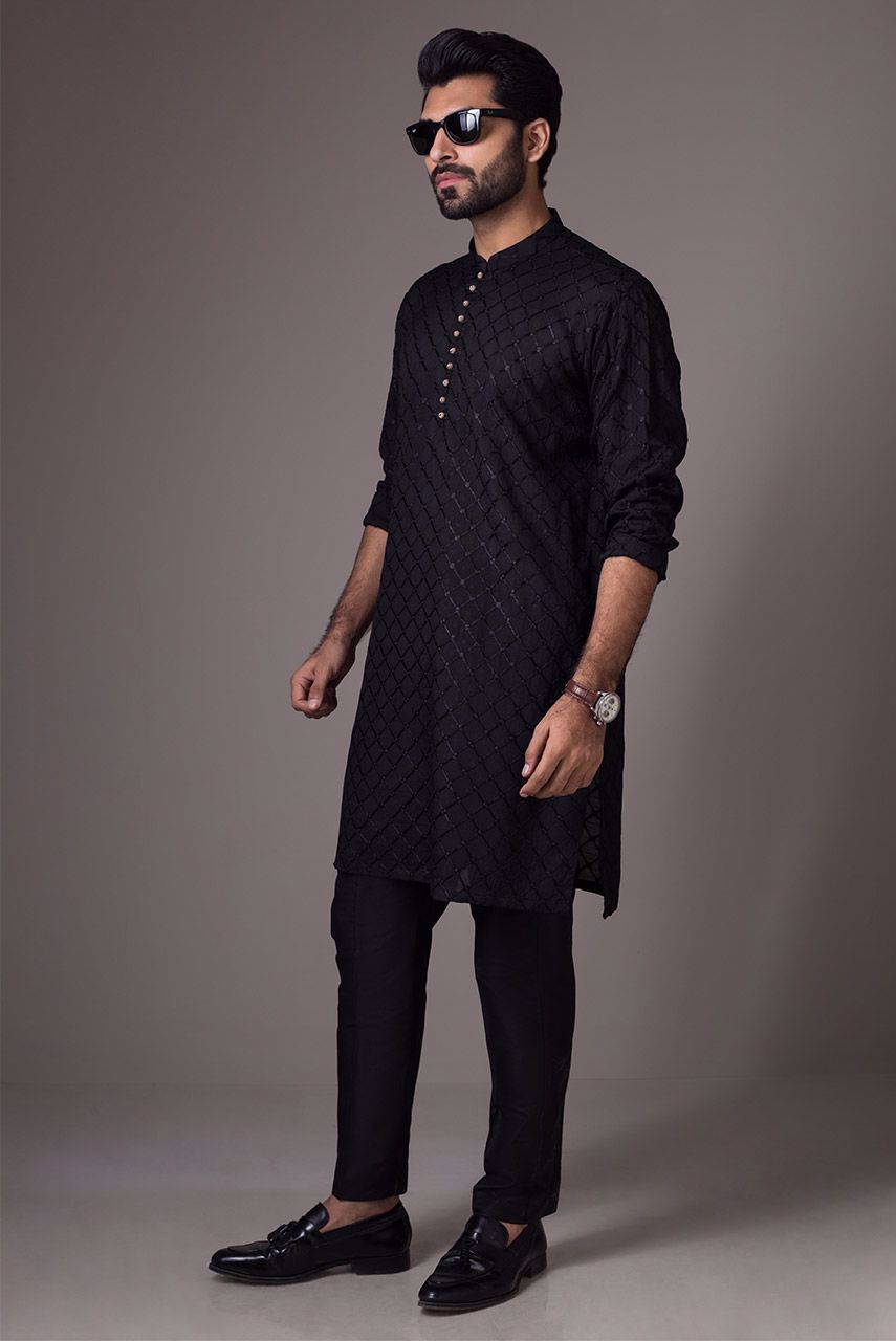 Black Embroidered Raw Silk Waistcoat Kurta (3-Piece) - Image 1