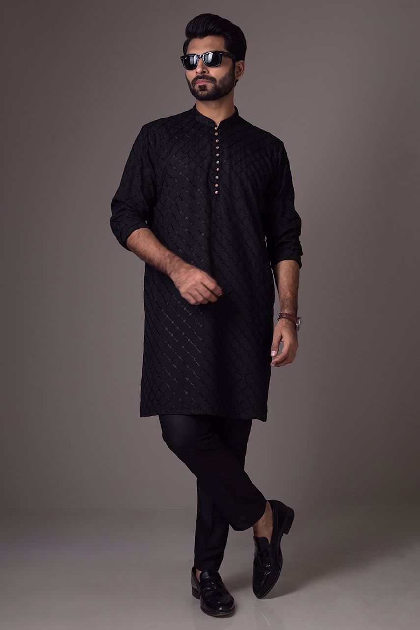 Black Embroidered Raw Silk Waistcoat Kurta (3-Piece) - Image 2
