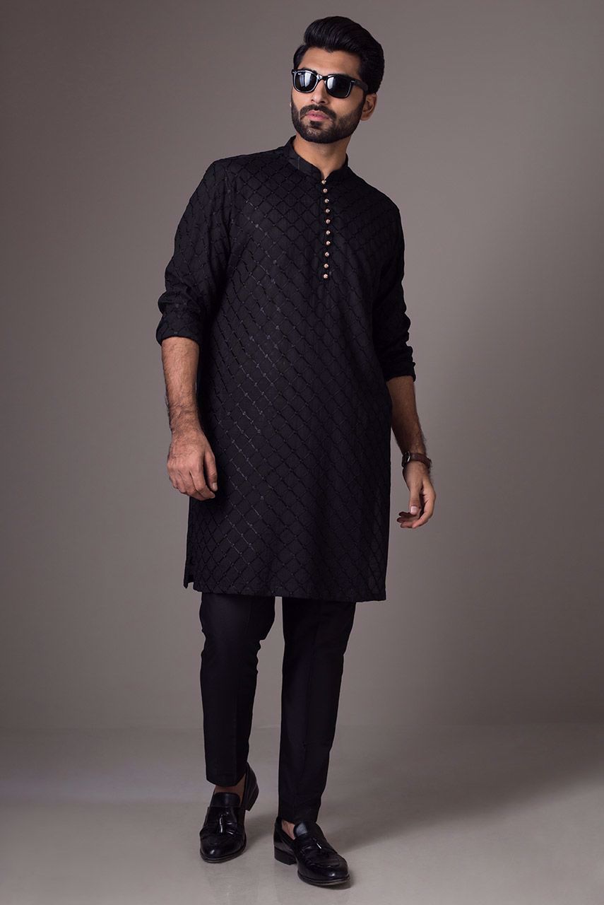 Black Embroidered Raw Silk Waistcoat Kurta (3-Piece) - Image 3