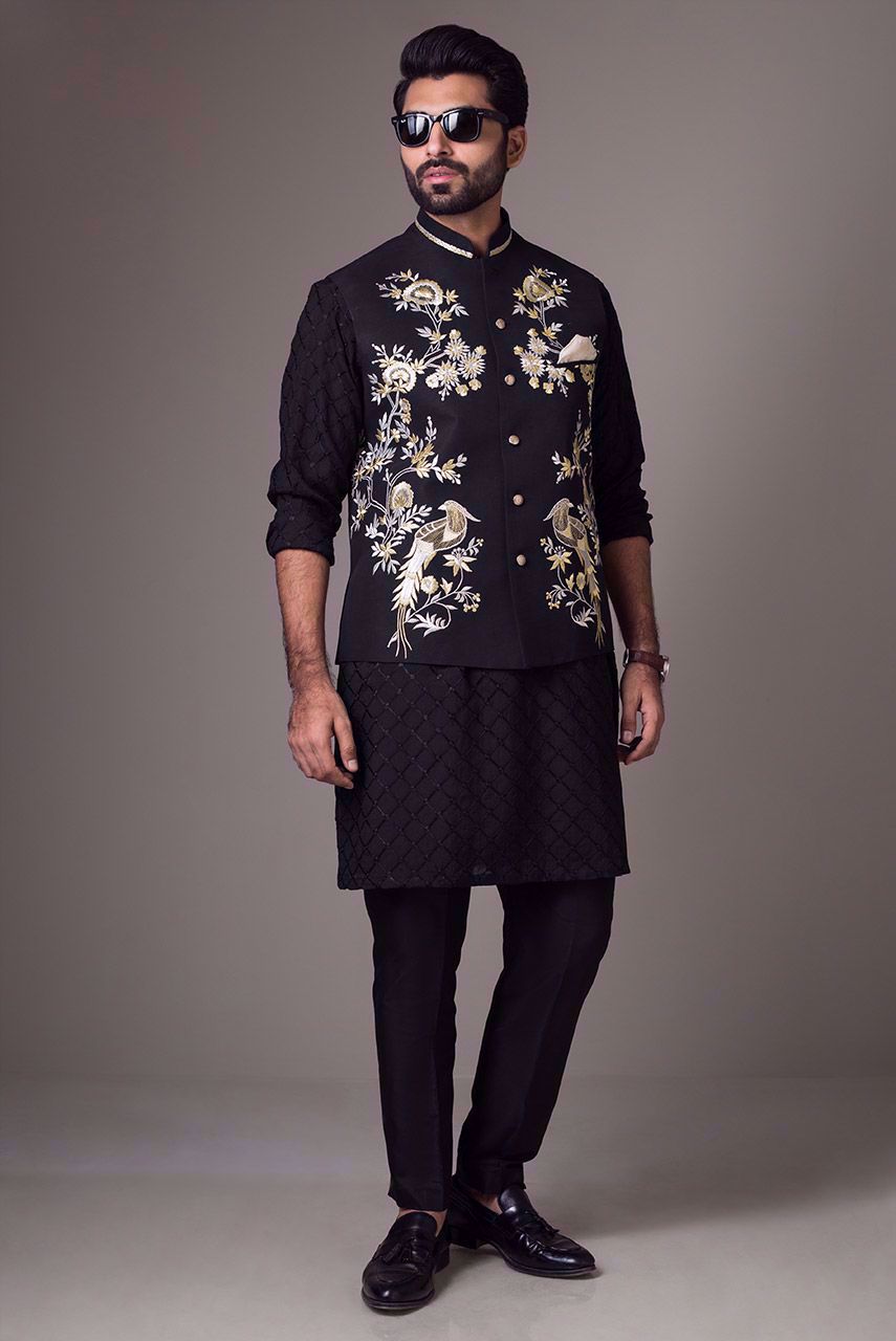 Black Embroidered Raw Silk Waistcoat Kurta (3-Piece) - Image 4