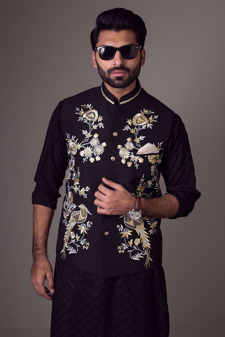 Black Embroidered Raw Silk Waistcoat Kurta (3-Piece) - Image 5
