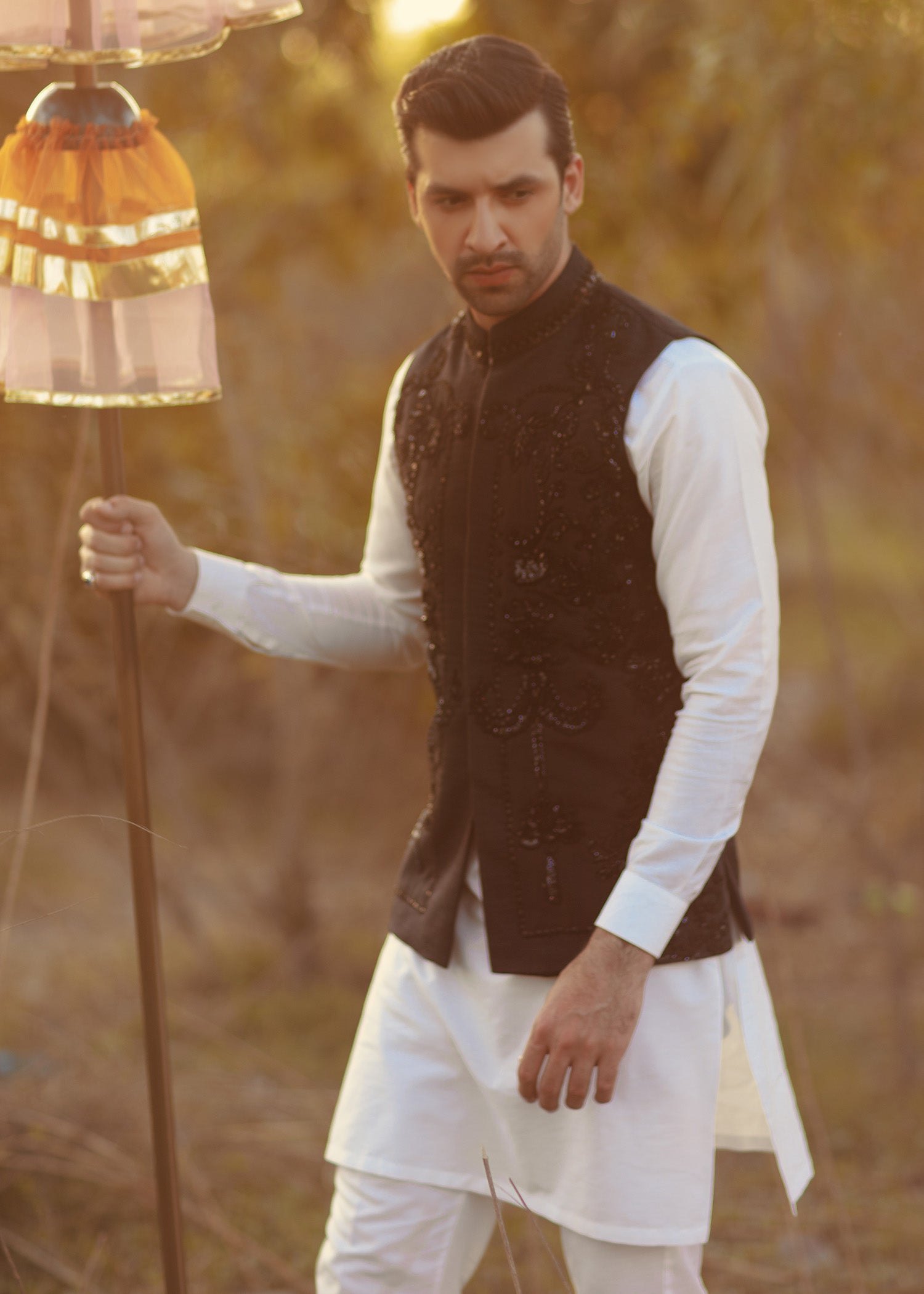 Black Embellished Raw Silk Waistcoat Kurta (3-Piece) - Image 1