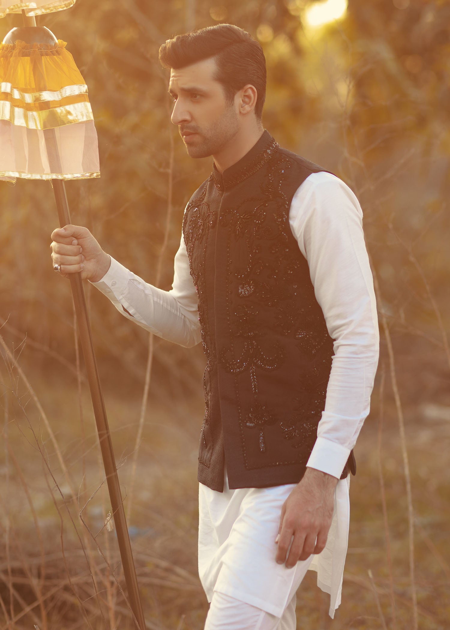 Black Embellished Raw Silk Waistcoat Kurta (3-Piece) - Image 3