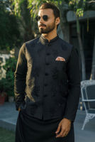 Black Embroidered Raw Silk Waistcoat Kurta (3-Piece) - Image 2