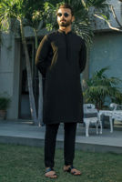 Black Embroidered Raw Silk Waistcoat Kurta (3-Piece) - Image 6