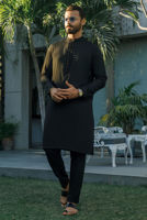 Black Embroidered Raw Silk Waistcoat Kurta (3-Piece) - Image 7