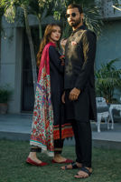Black Embroidered Raw Silk Waistcoat Kurta (3-Piece) - Image 9