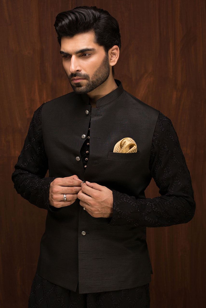 Black Embroidered Raw Silk Waistcoat Kurta Set (3-Piece) - Image 1