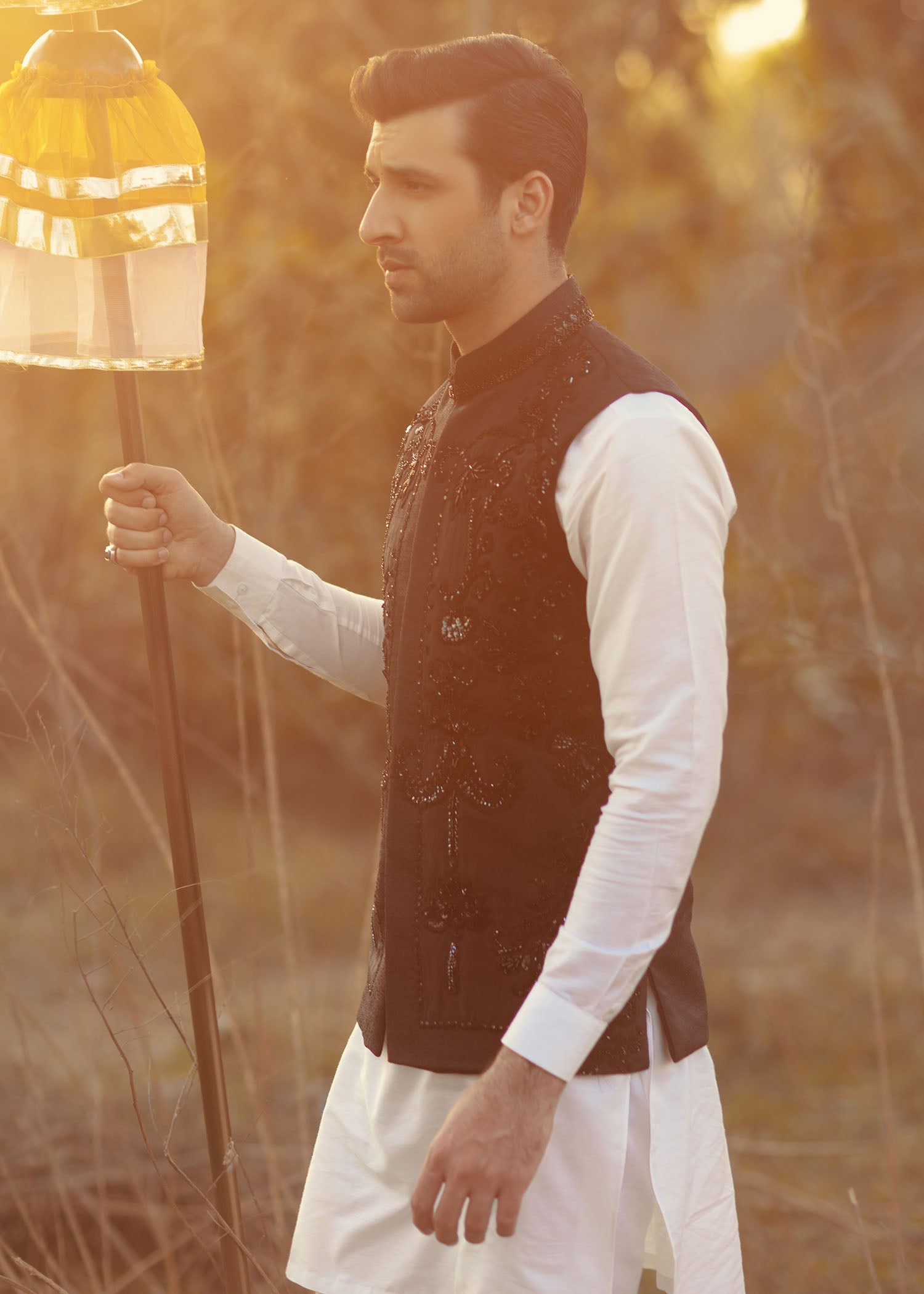 Black Embellished Raw Silk Waistcoat Kurta (3-Piece) - Image 2