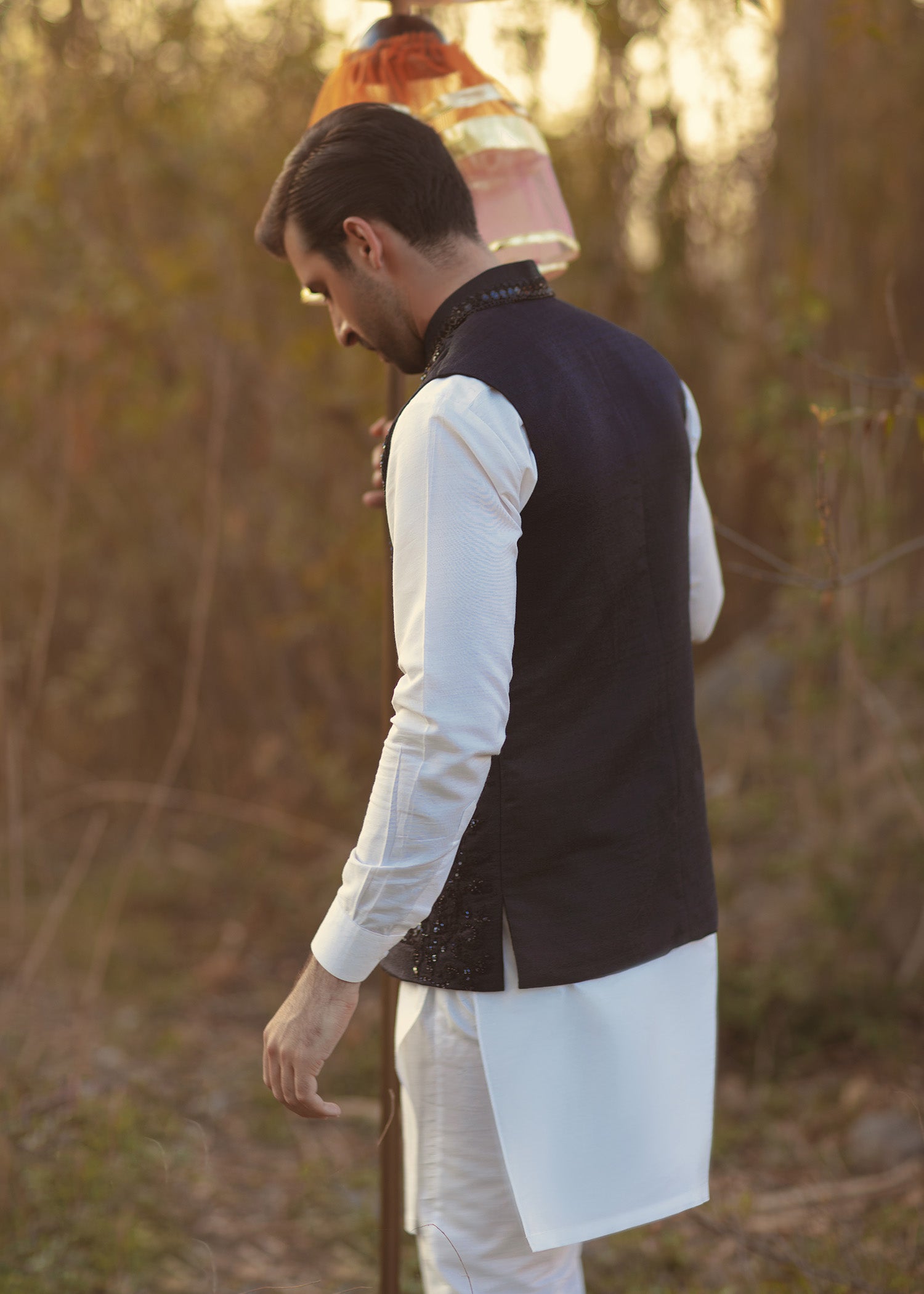 Black Embellished Raw Silk Waistcoat Kurta (3-Piece) - Image 4
