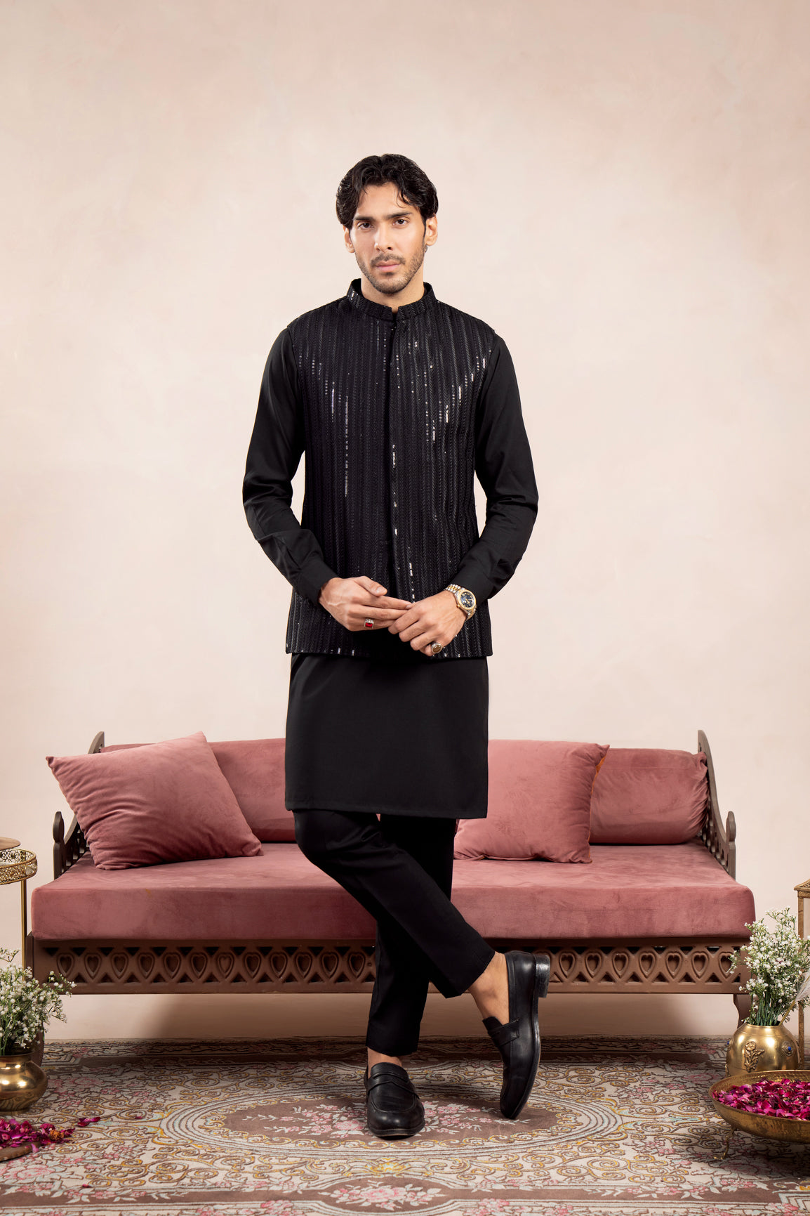 Black Embroidered Raw Silk Waistcoat Kurta (3-Piece) - Image 1