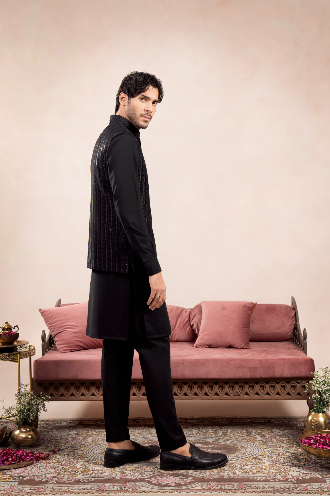 Black Embroidered Raw Silk Waistcoat Kurta (3-Piece) - Image 2