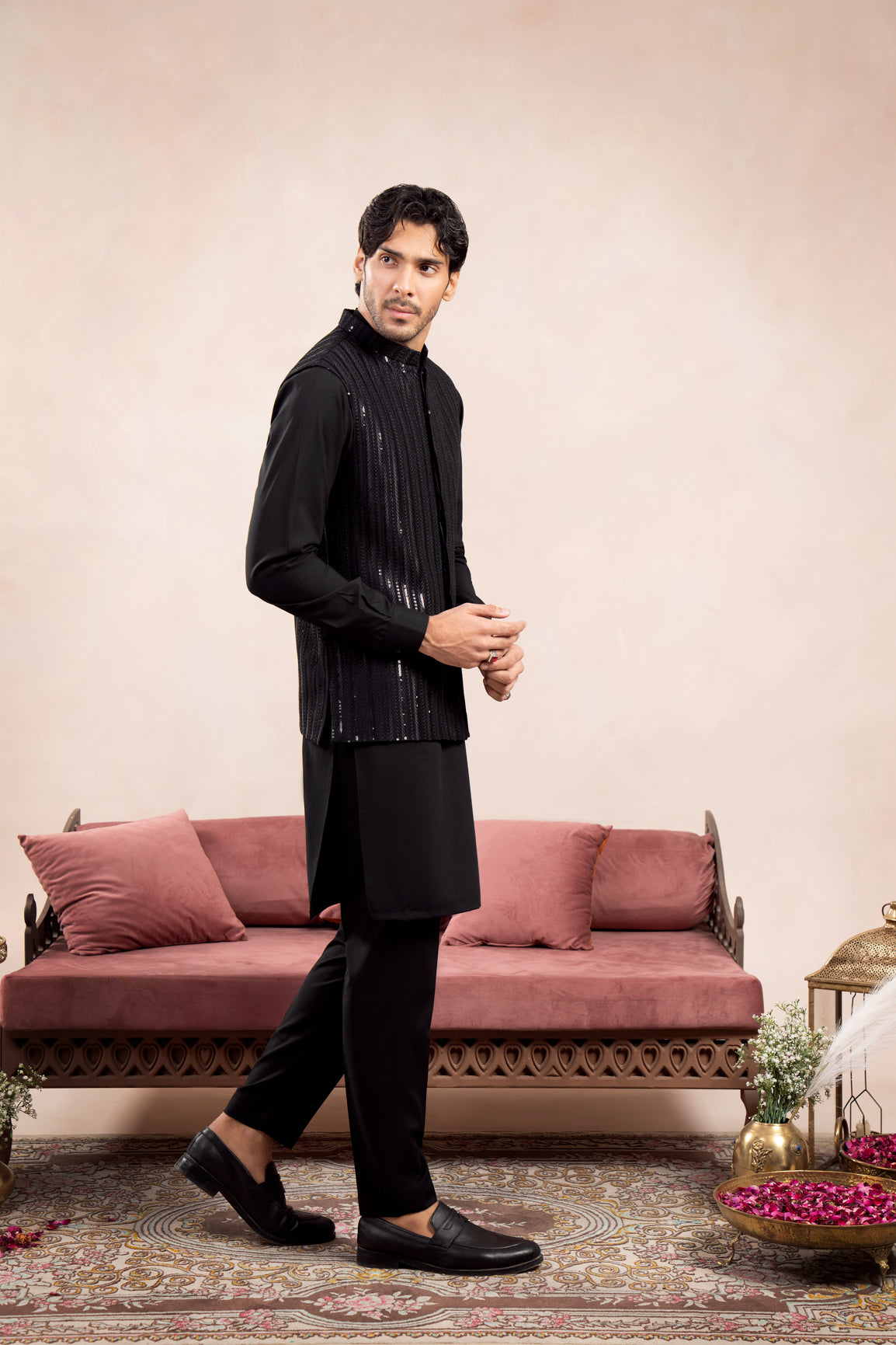 Black Embroidered Raw Silk Waistcoat Kurta (3-Piece) - Image 3