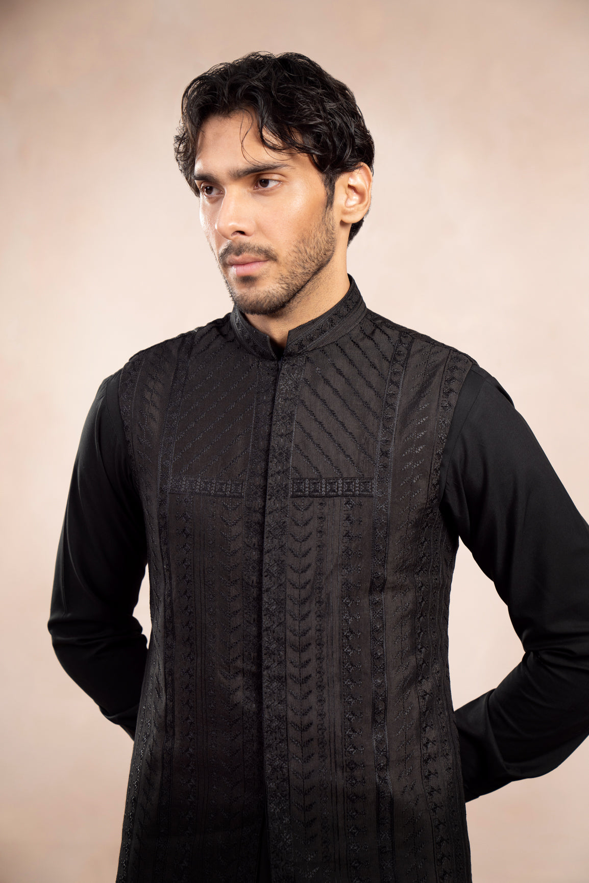 Black Embroidered Raw Silk Waistcoat (3-Piece) - Image 1