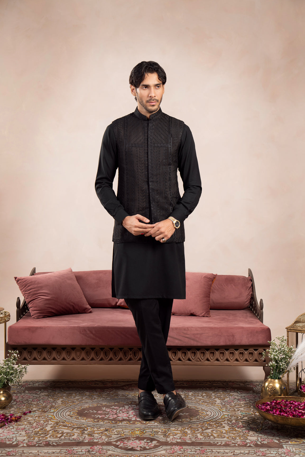 Black Embroidered Raw Silk Waistcoat (3-Piece) - Image 2